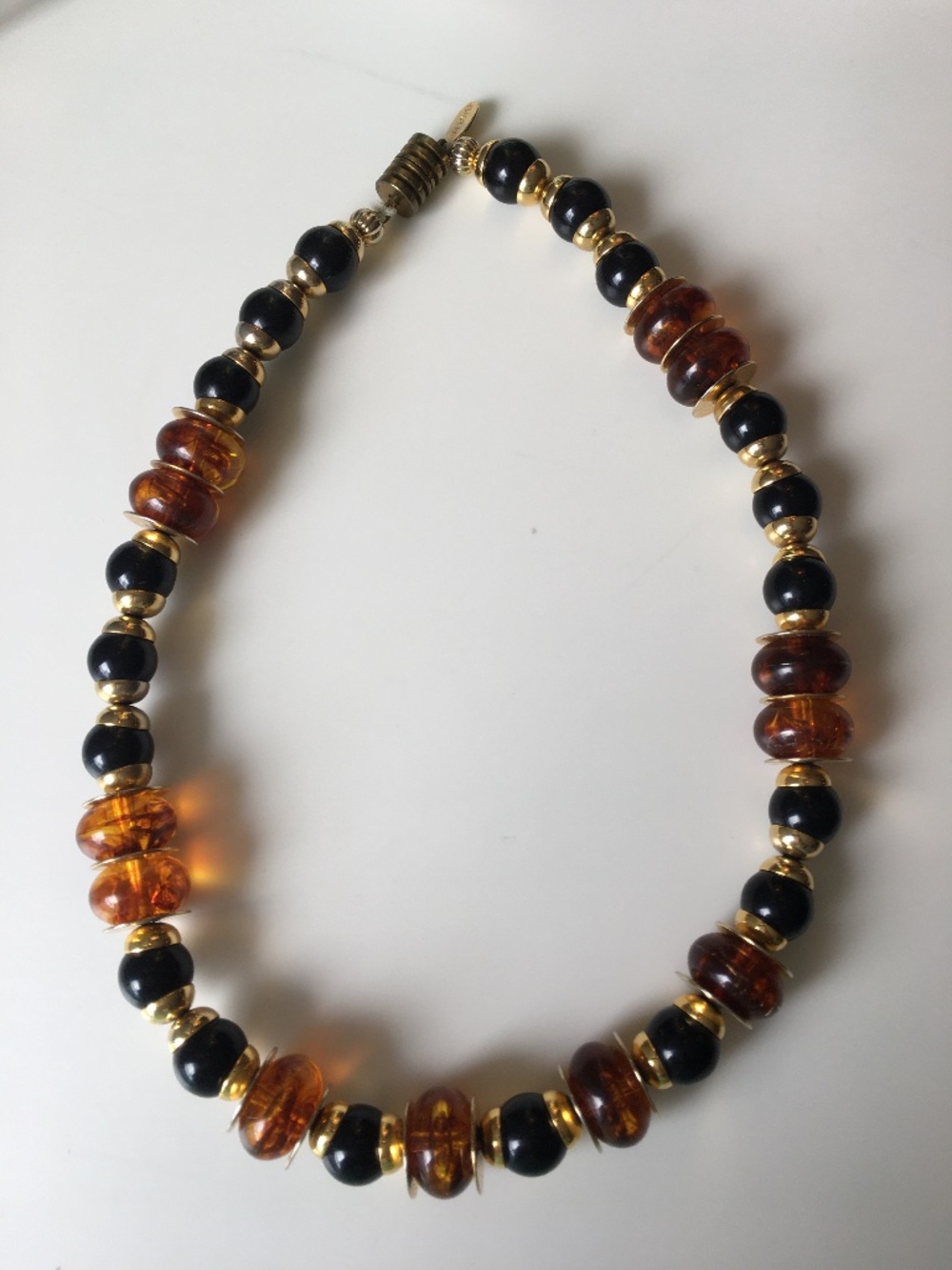 Vintage Gay Boyer Choker Necklace Black/Amber Coloured Beads w/Gold Tone A